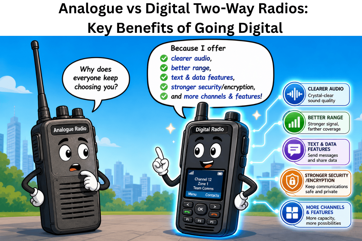 Cartoon illustration of an analogue radio talking to a digital radio, with the digital radio highlighting benefits such as clearer audio, better range, text and data features, stronger security, and more channels.