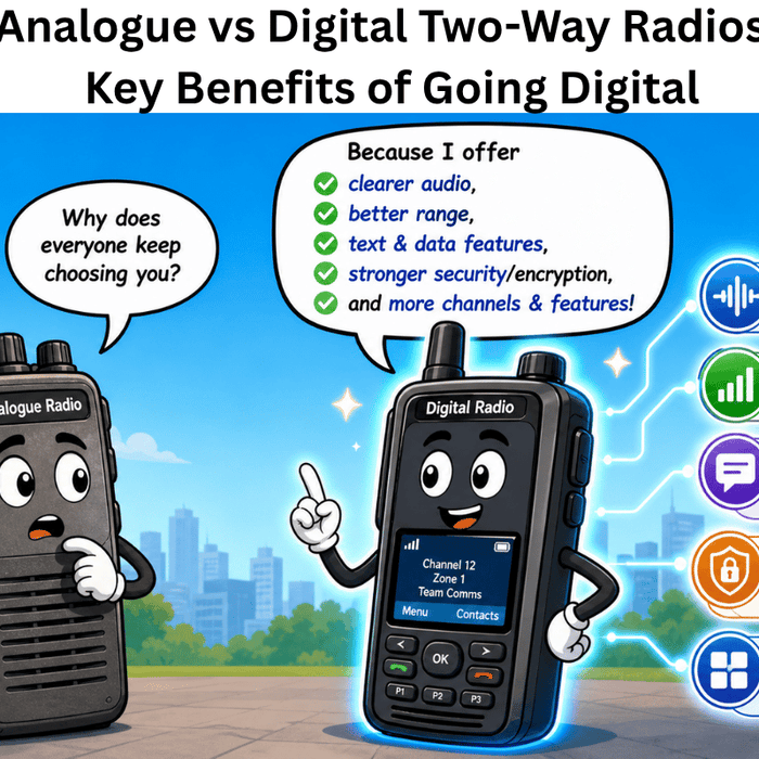 Cartoon illustration of an analogue radio talking to a digital radio, with the digital radio highlighting benefits such as clearer audio, better range, text and data features, stronger security, and more channels.